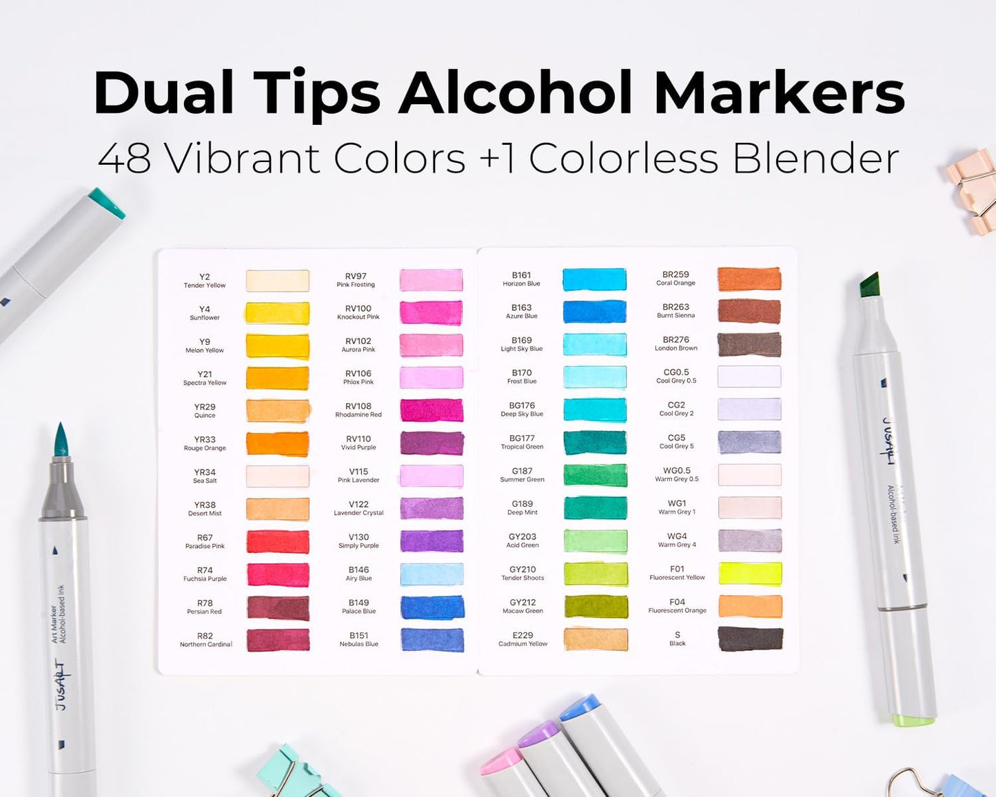 JusArt Alcohol Brush Markers, 48 Colors Dual Tip Art Markers with Brush & Chisel, Alcohol Based Marker Set for Adult Coloring Books, Drawing, Illustration, Sketching, No Bleed Ink Art Supplies