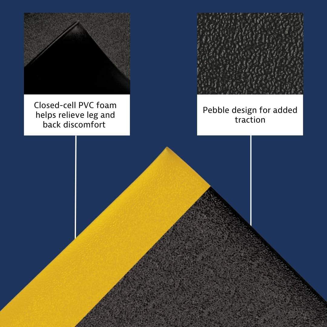 Notrax 411 Sof-Tred™ 3' x 12' x 9/16" Anti Fatigue Mat, Enhanced Slip Resistance with Beveled Edges and Pebbled Surface, Ideal for Industrial and Commercial Workplaces, Black/Yellow, 411S4312BY