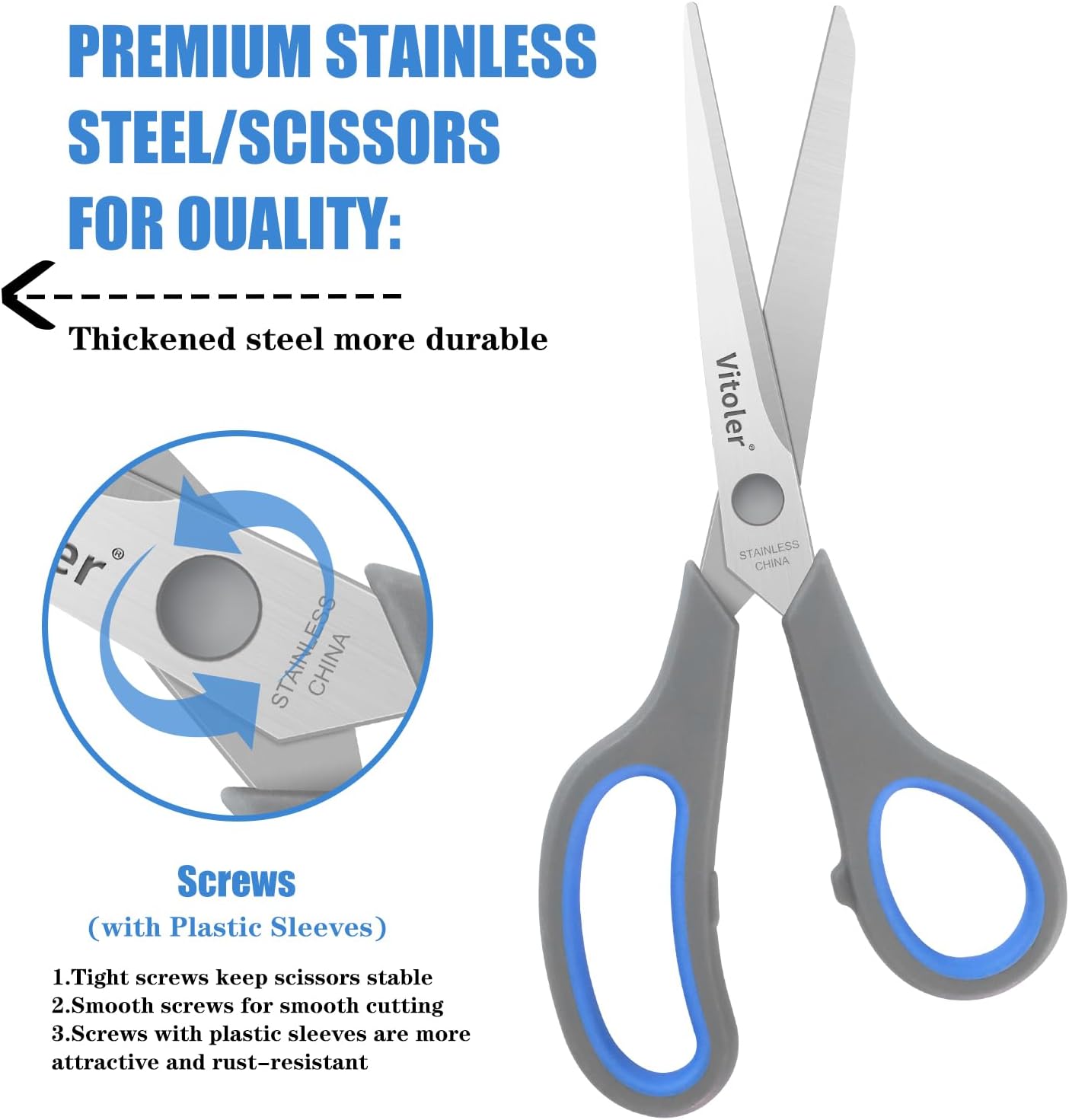 Vitoler Scissors, Heavy Duty Scissors All Purpose Bulk Set of 3-Pack，Sharp Scissor for Office School Craft Sewing Fabric, Right/Left Hand