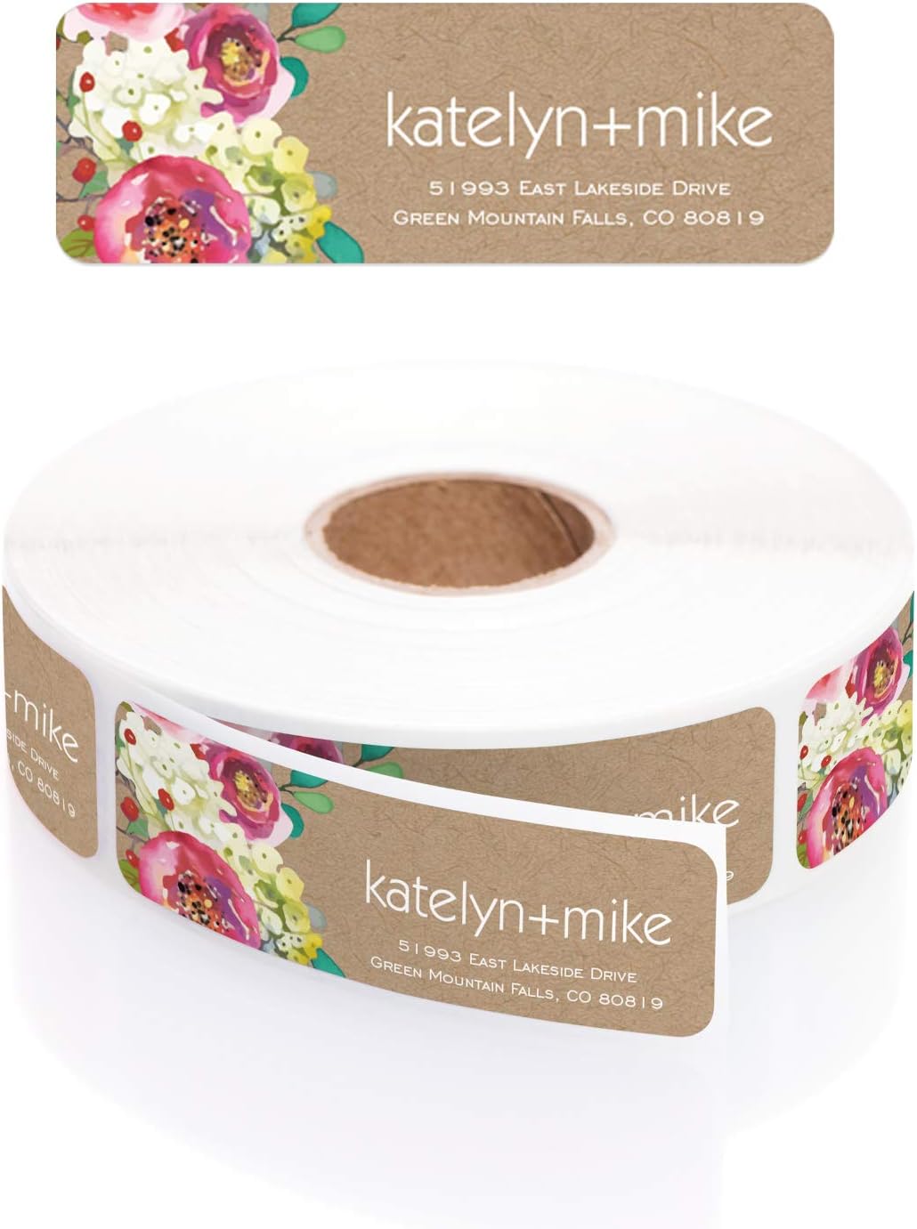 Kraft Faux Look Floral Rolled Address Labels/Roll of 500 Personalized Address Labels/Designer Return Address Stickers in Elegant Plastic Dispenser