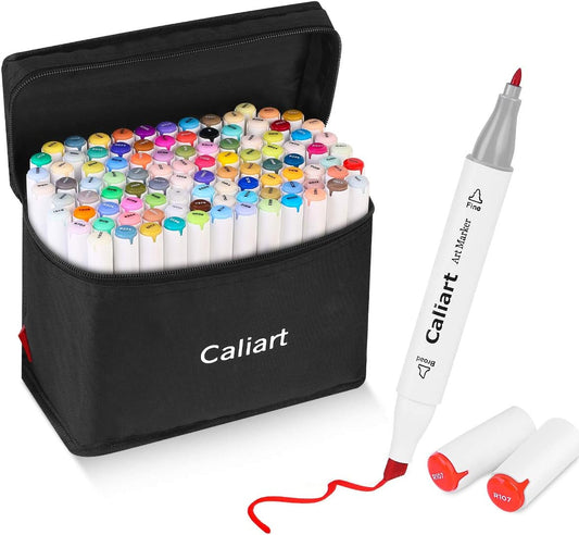 Caliart Markers, 100 Colors Dual Tip Art Markers Sketch Pens Permanent Alcohol Based, with Case for Adult Kids Halloween Drawing Sketching (White Barrel)