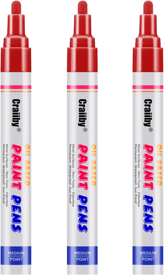 Red Paint Markers, 3 Pack Oil-Based Waterproof Quick Dry Permanent Paint Pen Set for Rocks Painting, Wood, Fabric, Plastic, Canvas, Glass, Mugs, Metal, Tire, Stone, DIY Craft