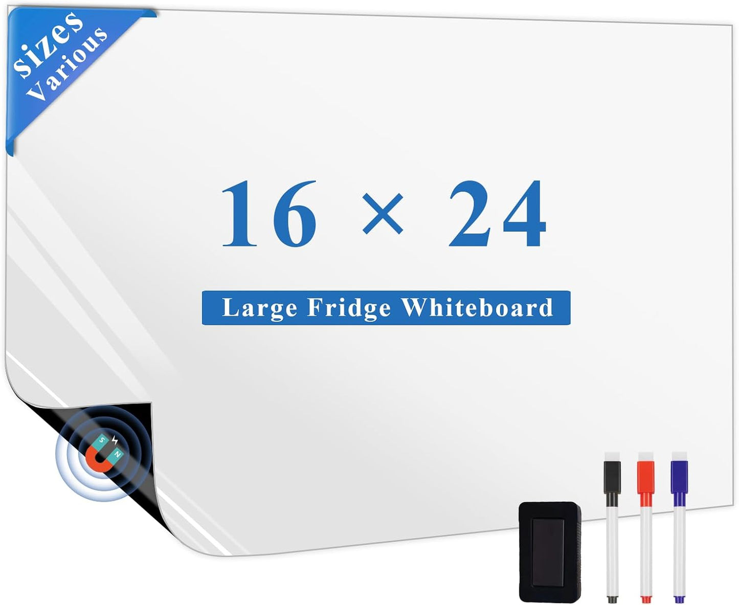 Magnetic Fridge White Board Paper, 16" x 24" Large Dry Erase Board Sheet for Organizer and Planner, Kitchen Refrigerator Whiteboard for Family to-do List, Includes Markers and Eraser