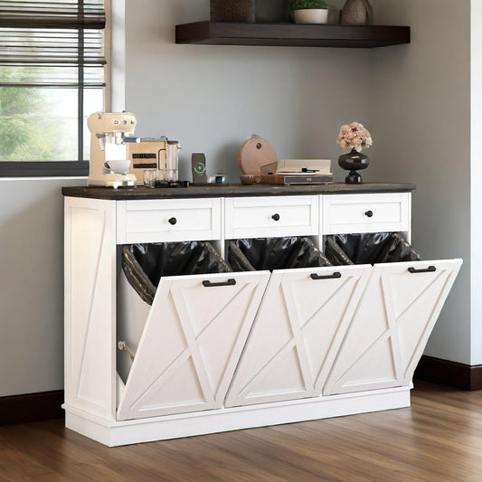 Farmhouse Tilt Out Trash Cabinet, Triple 13 Gallon Wooden Kitchen Trash Can Cabinet with Hideaway Drawer, Freestanding Garbage Recycling Cabinets, Pet Proof, Power Outlets, 59 Inch, White
