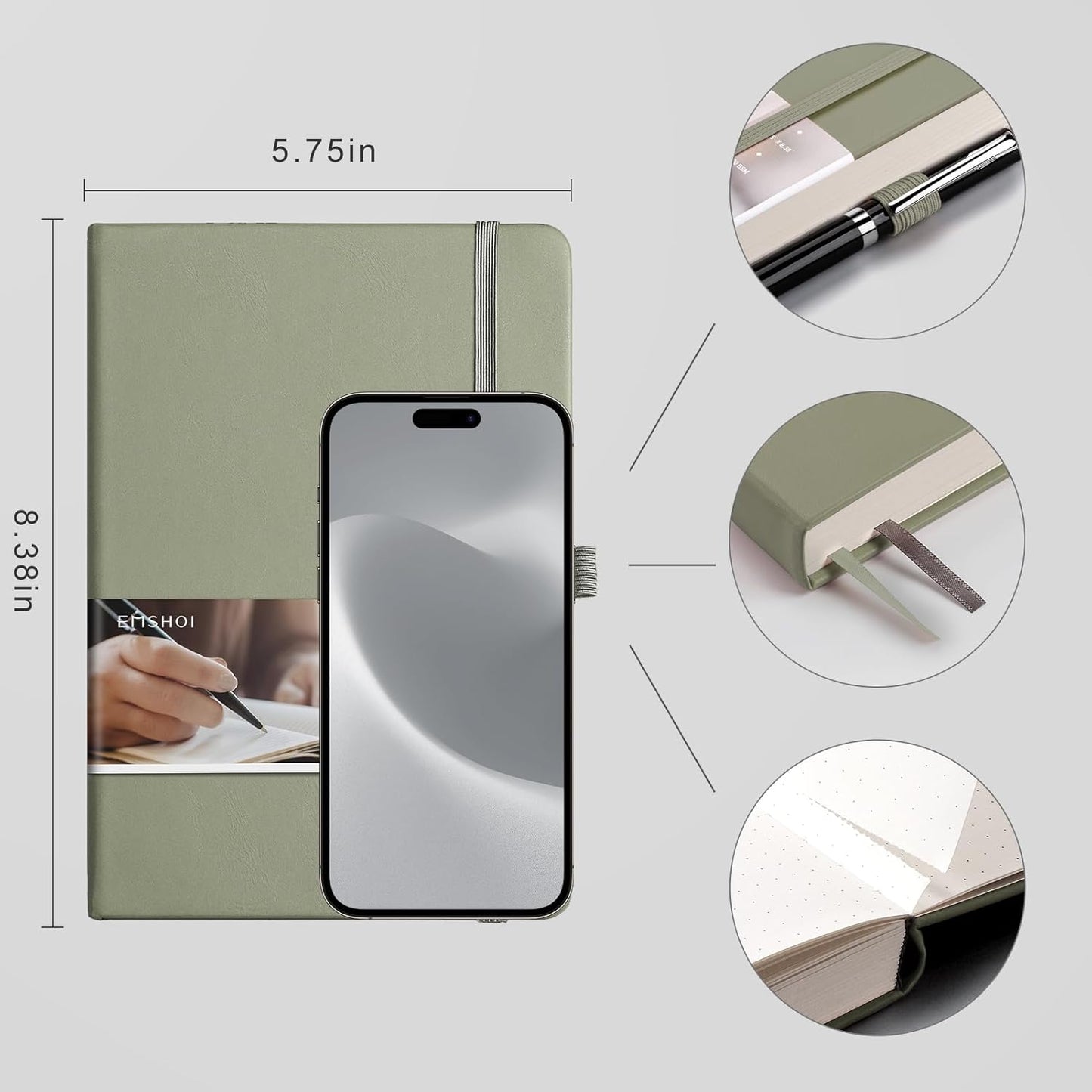 EMSHOI Dotted Notebook - 256 Pages A5 Dotted Grid Journal Notebook,120gsm Thick Paper,16 Perforated Pages, Smooth PU Leather, Inner Pocket,5.75'' × 8.38''-Green