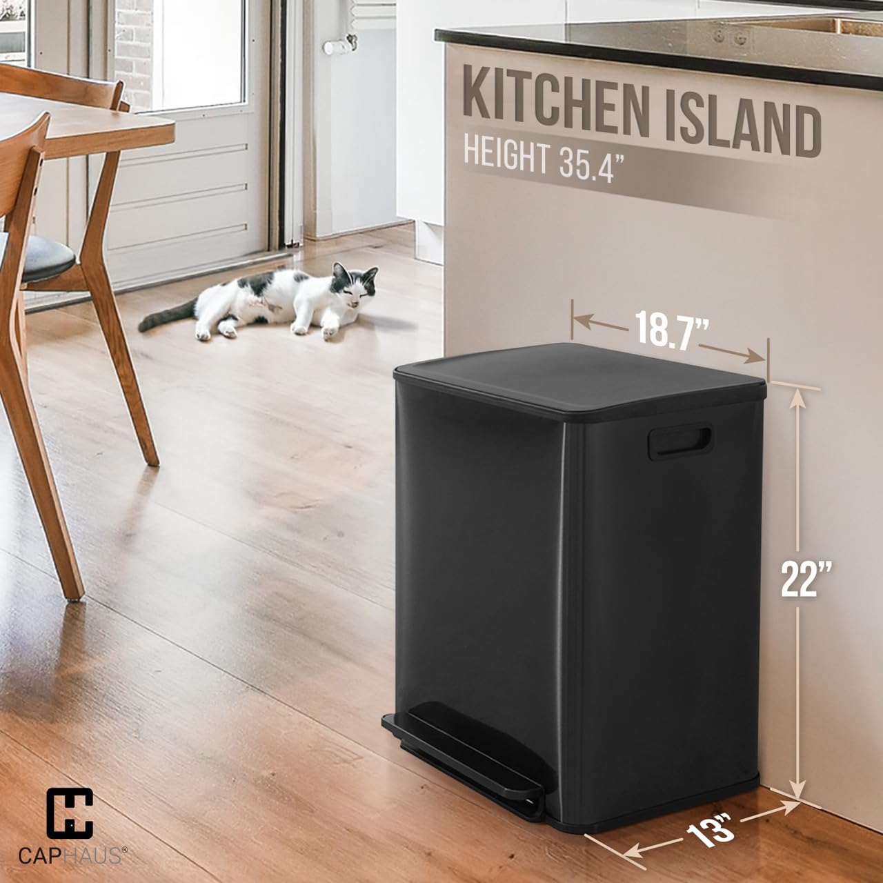 CAPHAUS Black Dual Trash Can w/Single Lid, Trash & Recycle Bins Combo, Hands-Free Stainless-Steel Garbage Can for Kitchen, with 2 Compartment, Hinged Lid, Odor Filters, Handles, 25L+25L, 2 x 6.6 Gal