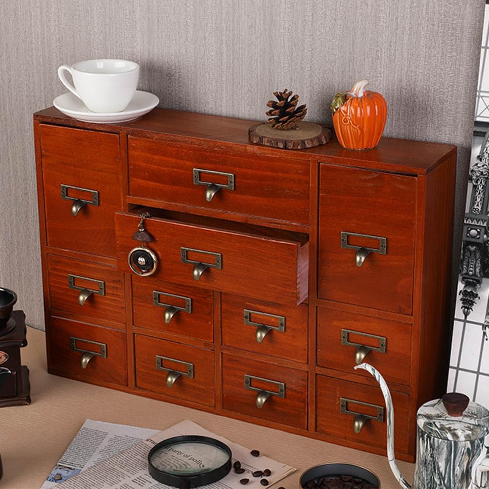12 Drawers Apothecary Cabinet with Drawers Tabletop Apothecary Drawers Library Card Catalog Cabinet Medicine Cabinets Wood Desk Organizer Wooden Storage Box (Brown)