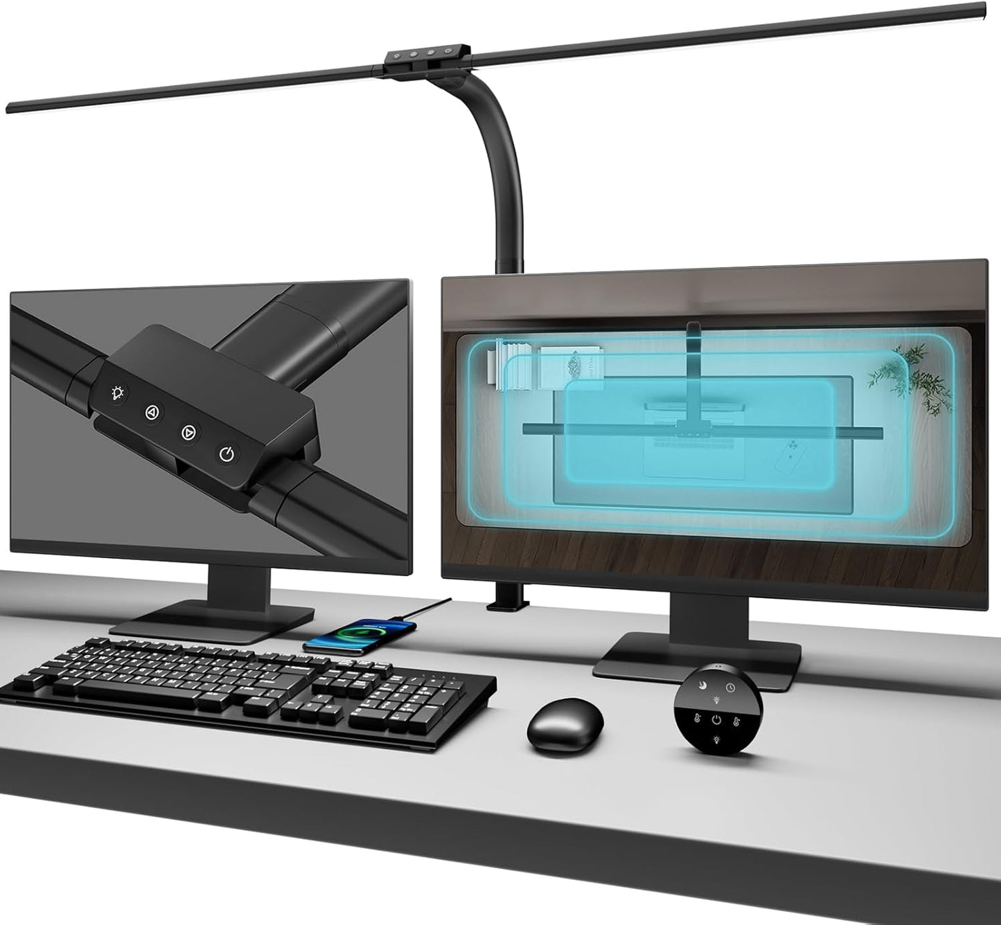 Double Head Desk Light with Clamp, LED Desk Lamp with Remote Control, Tall Double Head Desk Lamp with Clamp, 10 Brightness Modes & 10Colors, Adjustable Desk Light for Work & Study