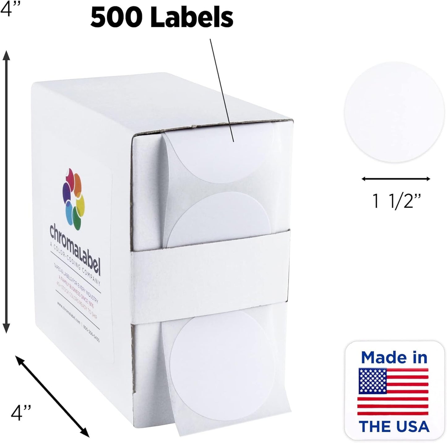 ChromaLabel 1.50 Inch Round Label Permanent Color Code Dot Stickers, 500 Labels per Dispenser Box, White