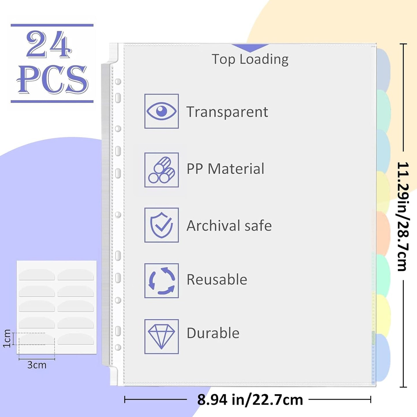 3 Set of 24 Pack Sheet Protectors 8.5 x 11 Inch, Letter Size Sleeves Binder Index, Dividers Pocket for 2/3/4 Ring Binder Dividers with 8 Tabs, Clear Page Protectors Organizer for School Home Office