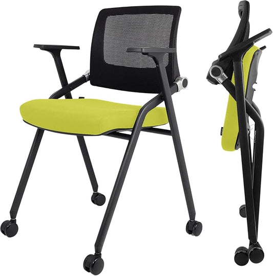 2 Pack Foldable Office Chairs with Wheels, Mesh Back, Arms and Portable - Folding Office Chairs for Conference Room Chair, Office Guest & Reception & Meeting Chair - (Green) 300 lbs.