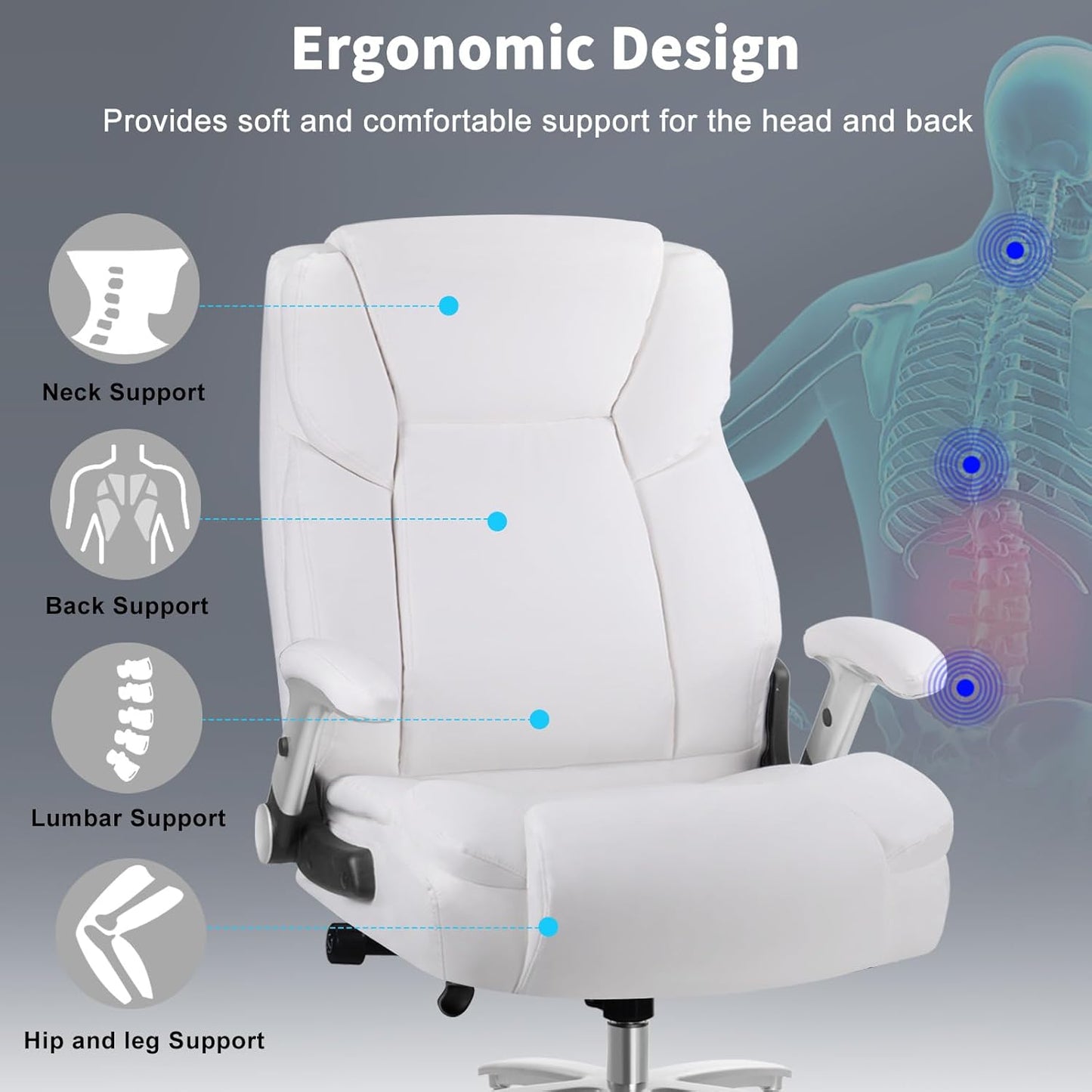 Big and Tall Office Chair 600lbs, Ergonomic Heavy Duty Executive Office Chair, High Back Office Leather Chair with Adjustable Armrests and Lumbar Support, White Big Tall Chair for Heavy People