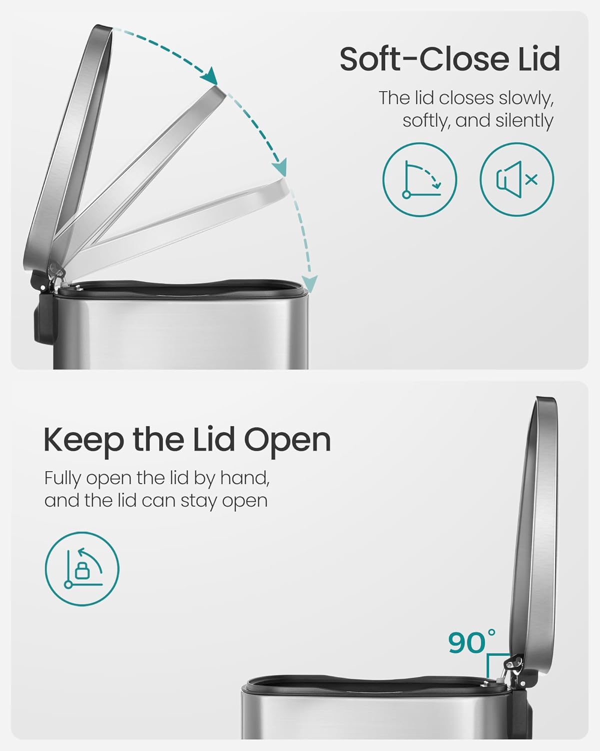 SONGMICS 13 Gallon (50 L) Trash Can, Stainless Steel Kitchen Garbage Can, Recycling or Waste Bin, Soft Close, Step-On Pedal, Removable Inner Bucket, Silver ULTB050E01