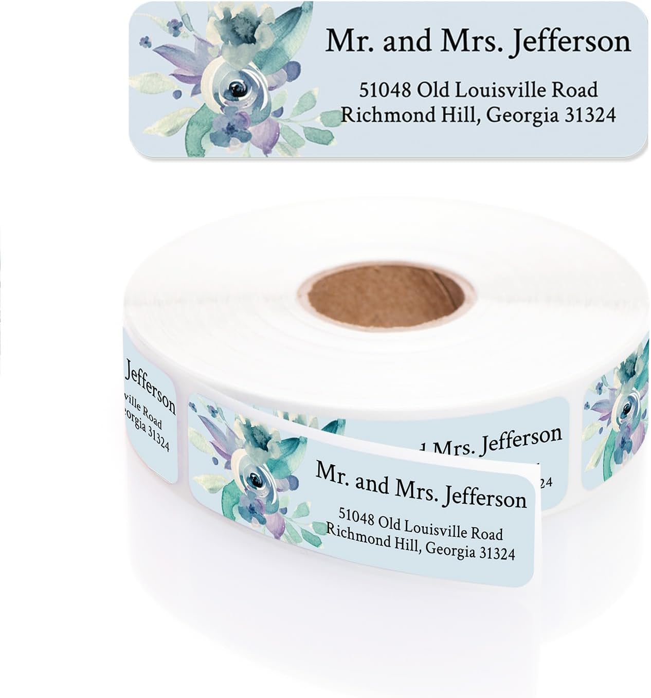 Blue Watercolor Floral Rolled Address Labels / 500 Personalized Return Address Labels/Designer Address Stickers in Elegant Plastic Dispenser