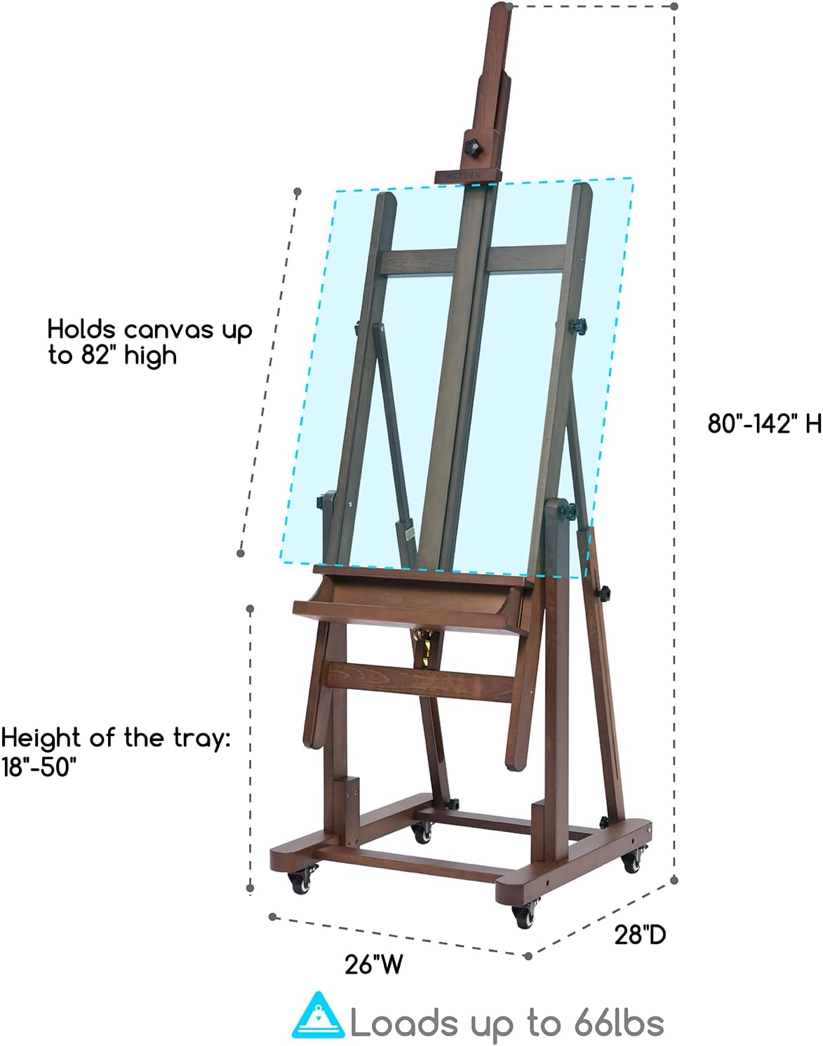 MEEDEN Extra Large H-Frame Studio Easel - Solid Beech Wooden Artist Professional Heavy-Duty Easel, Painting Art Easel Stand with 4 Premium Locking Silent Caster Wheels, Hold Max 82", Walnut