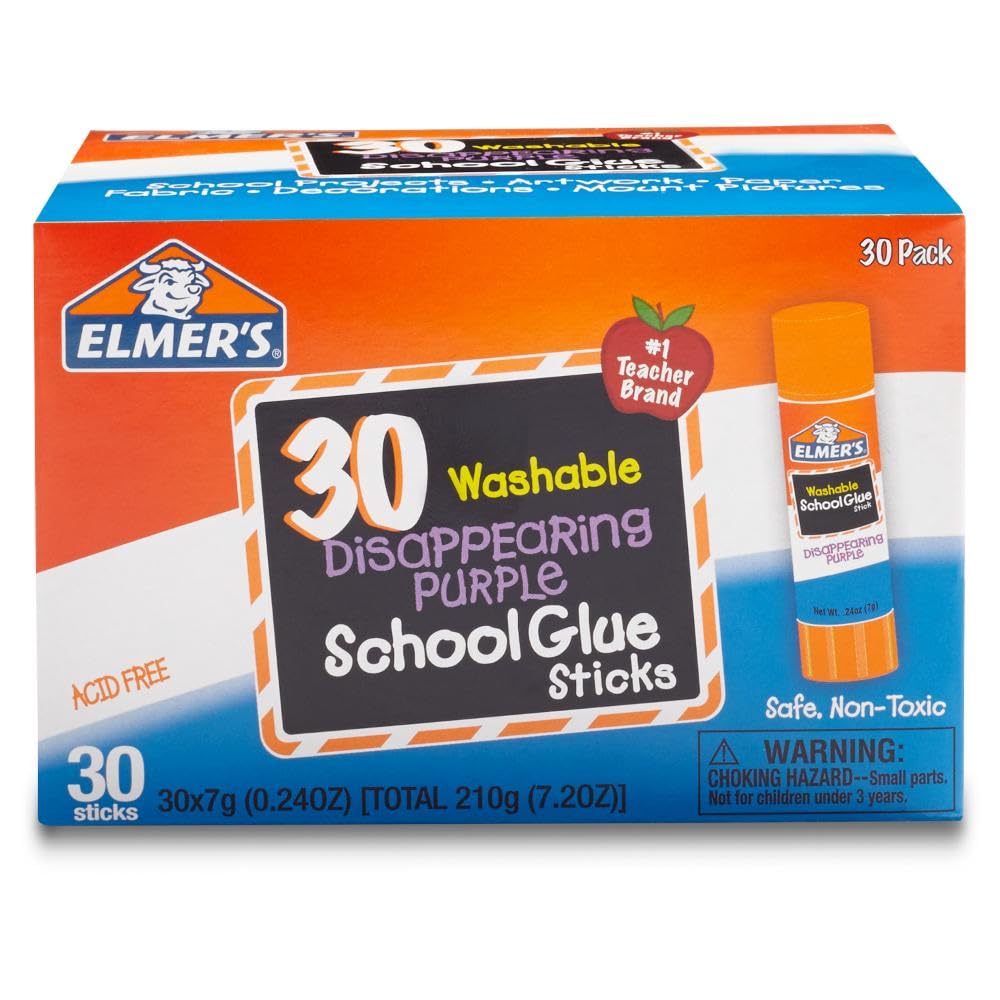 Elmer’s Disappearing Purple School Glue Sticks, Washable, 7g, 30 Count - Bulk Pack for Classrooms, #1 Teacher Brand