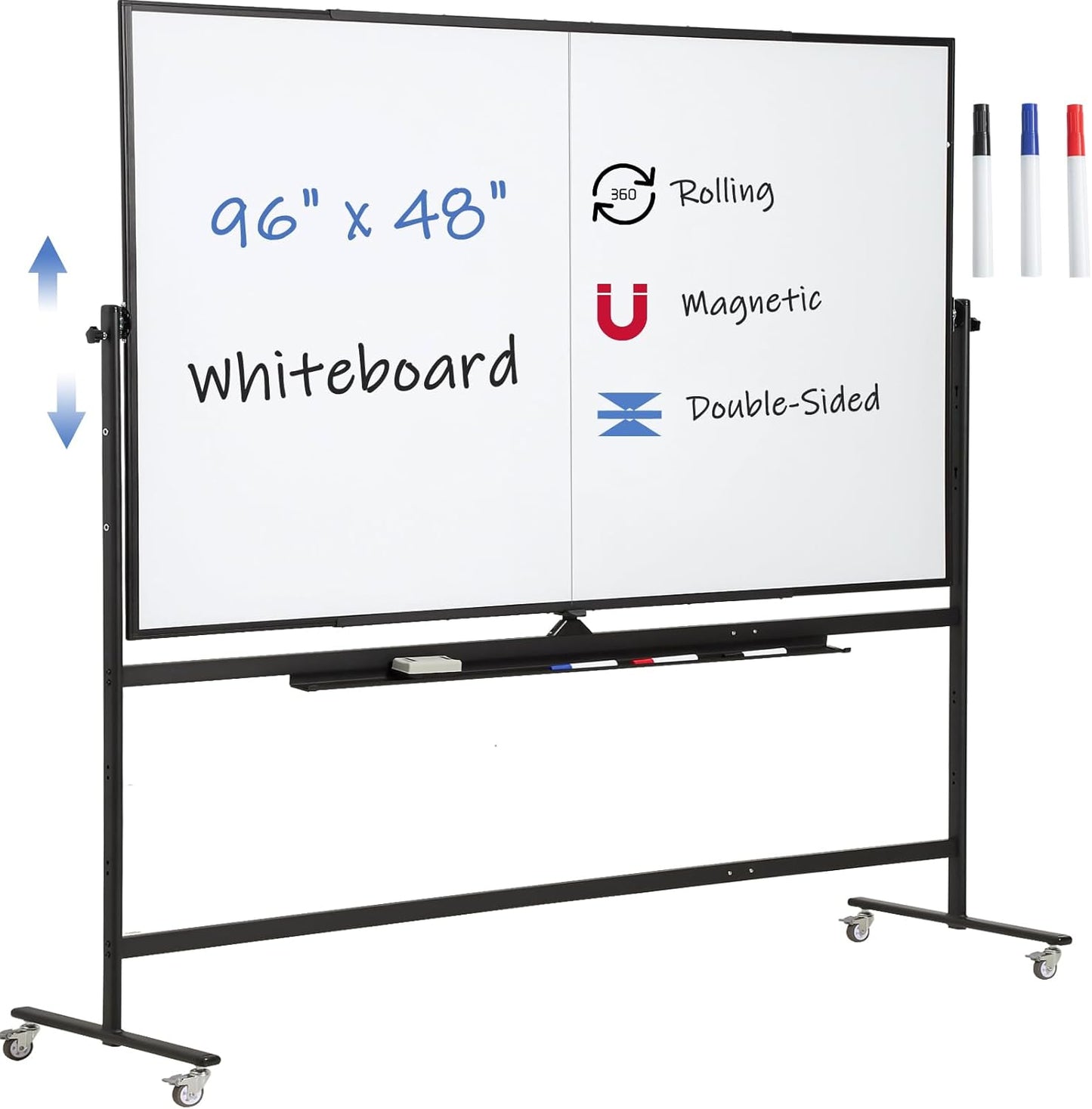 Large Magnetic Mobile Whiteboard 96"x48", Rolling Double Sided Stand Whiteboard on Wheels, Reversible Adjustable Height/Angle Dry Erase Board 8' x 4' Easel White Board for Office Classroom, Black