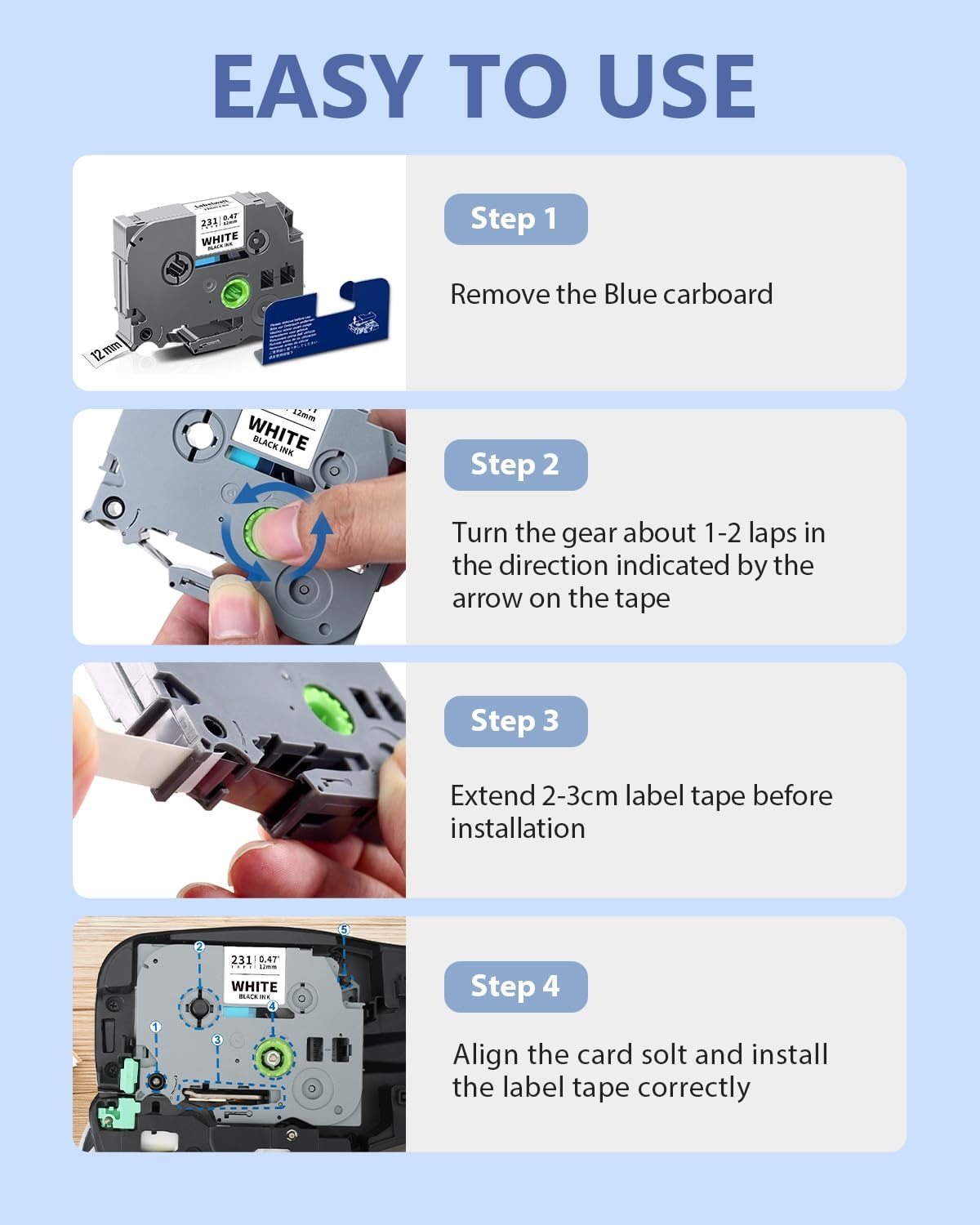 3-Pack TZe-231 Label Tape Compatible for Brother TZe 12mm 0.47 Inch Laminated White TZ-231 TZe231 1/2 Inch for Ptouch PT-D220 PT-D210 PT-H110 D410 D600 Label Maker, Black on White