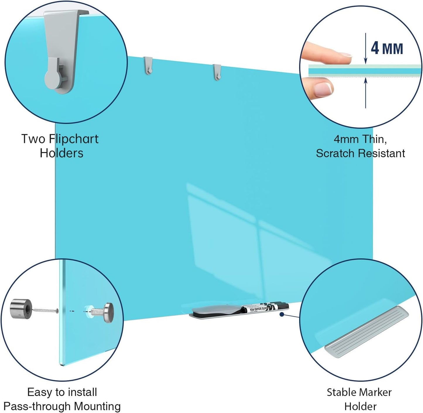 TSJ OFFICE Glass Dry-Erase Board - 36 x 24 Inches Wall Mounted Magnetic Whiteboard, Large Frameless Glass White Board for Office, Home & School, Blue