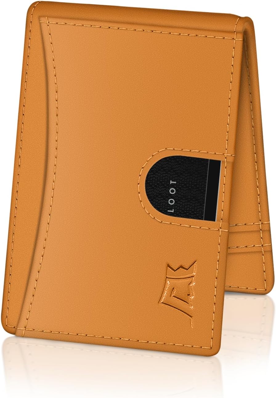 Kings Loot Money Clip Slim Minimalist Wallet for Men – RFID Blocking Leather Design with Money Clip – Front Pocket Bifold Holds 12 Cards – Stylish & Compact Wallets (Cognac/Premium Engraved)