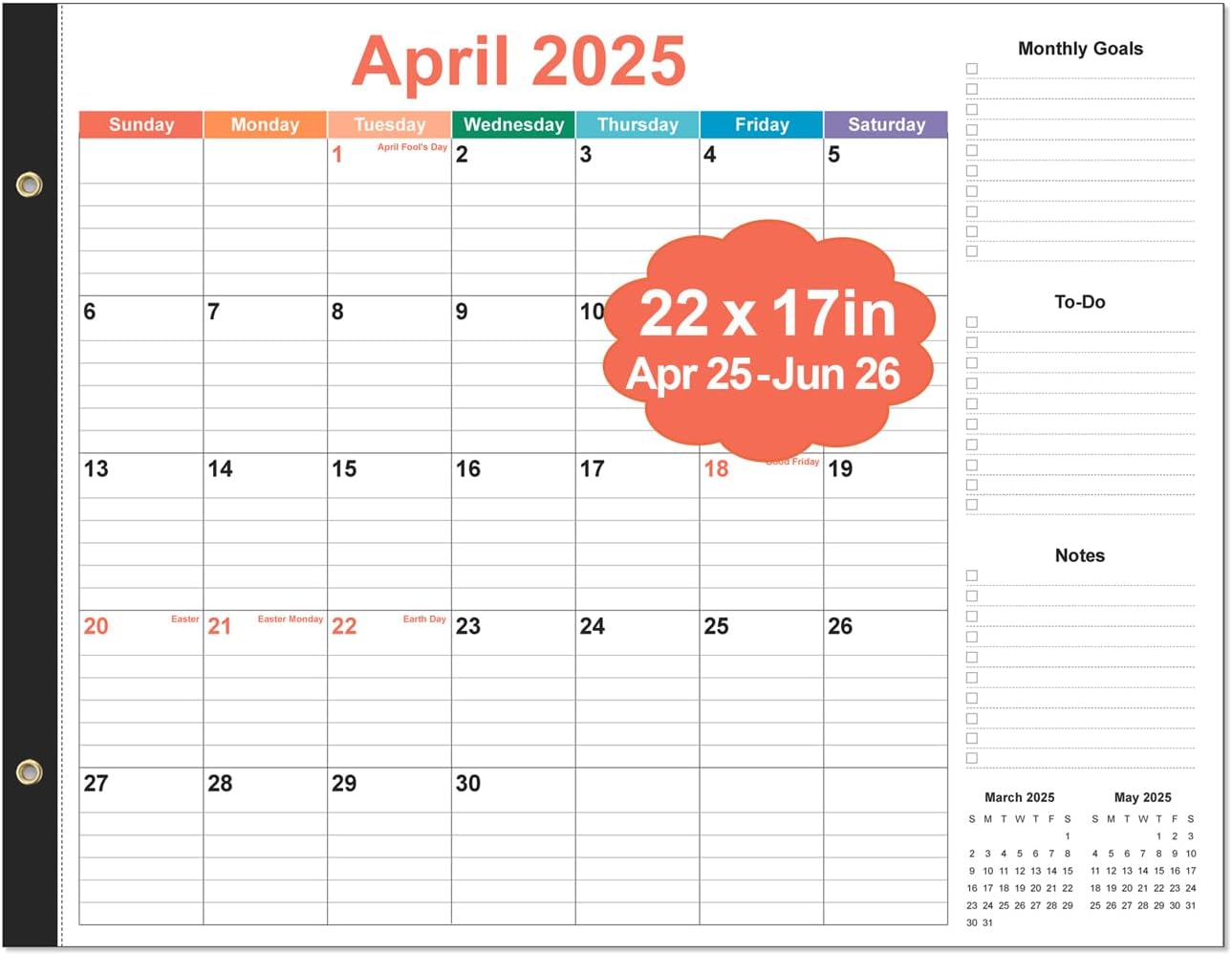Large Desk Calendar 2025-2026 - 22" x 17" Desk Calendar from April 2025 - June 2026, Desktop Pad Calendar Perfect for Planning and Organizing In Your Home, School or Office, Colorful