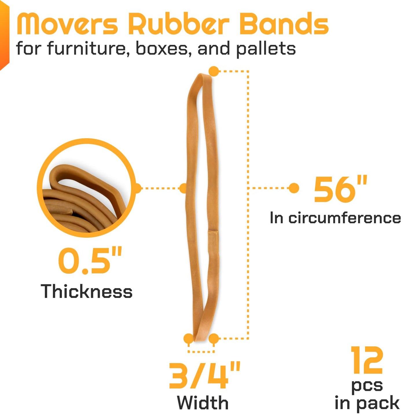 IDL Packaging 56" Strong, Elastic & Flexible Rubber Bands, Pack of 12, Beige - 2X Elasticity, 80% Natural Rubber - Extra Strong Mover Bands for Furniture, Boxes, Moving Blankets