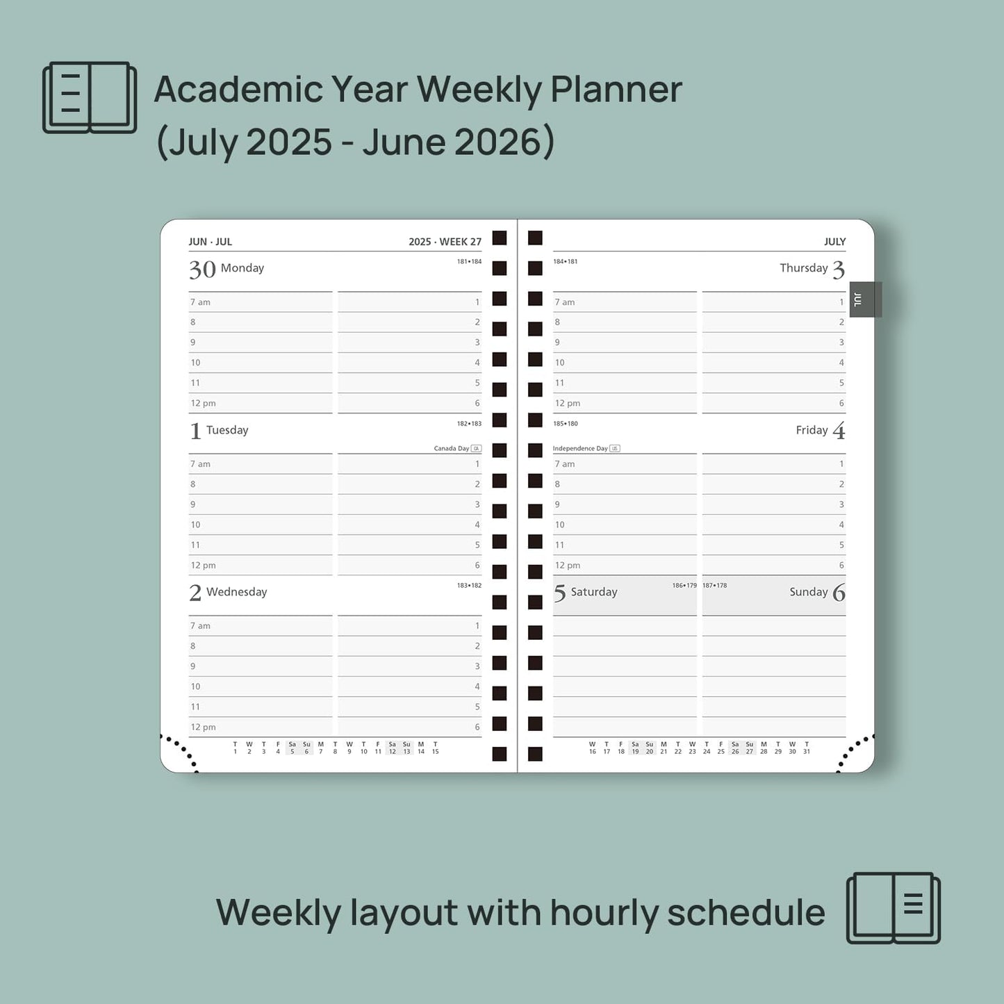 POPRUN Pocket Planner 2025-2026 (Spiral Hardcover - 4''x 6.25''), Daily Weekly and Monthly (July 2025 - June 2026) with Hourly Time Slots, for Purse, 100 GSM - Haze Blue
