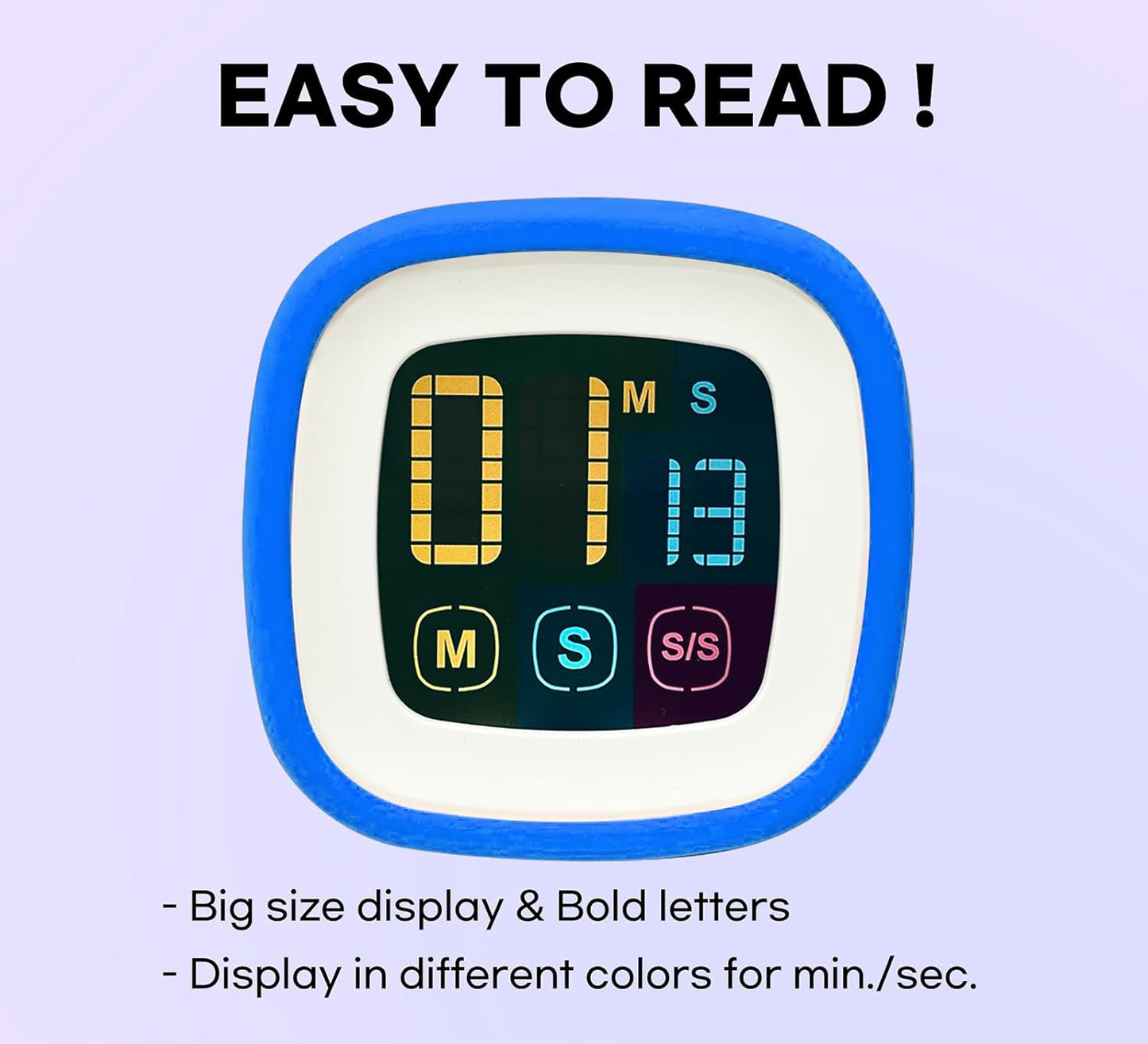 Digital Kitchen Timer, Countdown, Countup, Protective Rubber case, Large Display with Color Bold Digits, Touch Control, Backlit, Magnetic Kickstand, Loud Alarm, Auto Memory (Sky Blue)