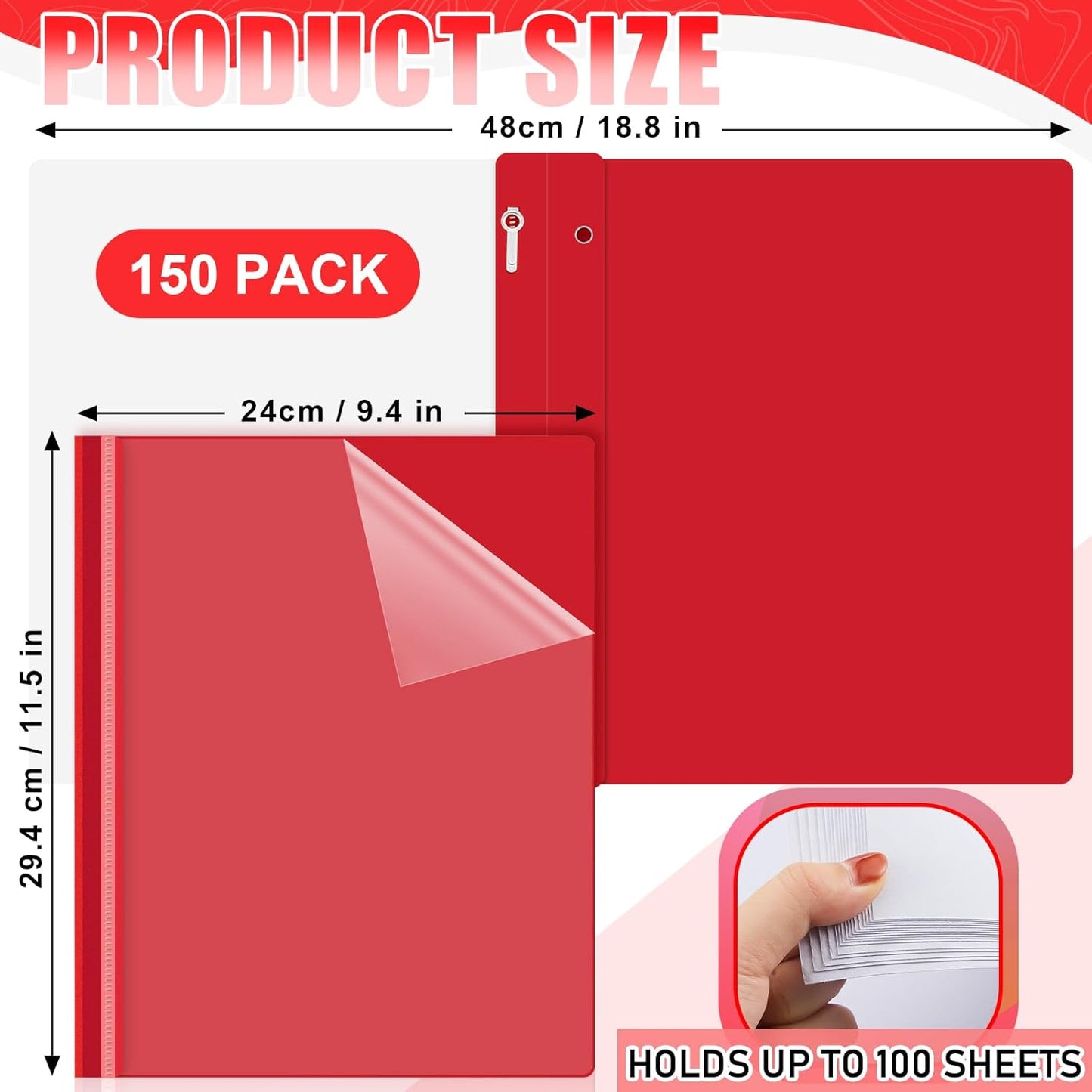 Teling 150 Pcs Plastic Report Covers with 3 Prong Clear Front Resume Folder Business Report Covers Bulk Presentation Folders Clear Front Report Folders for Documents, School, Office(Red)