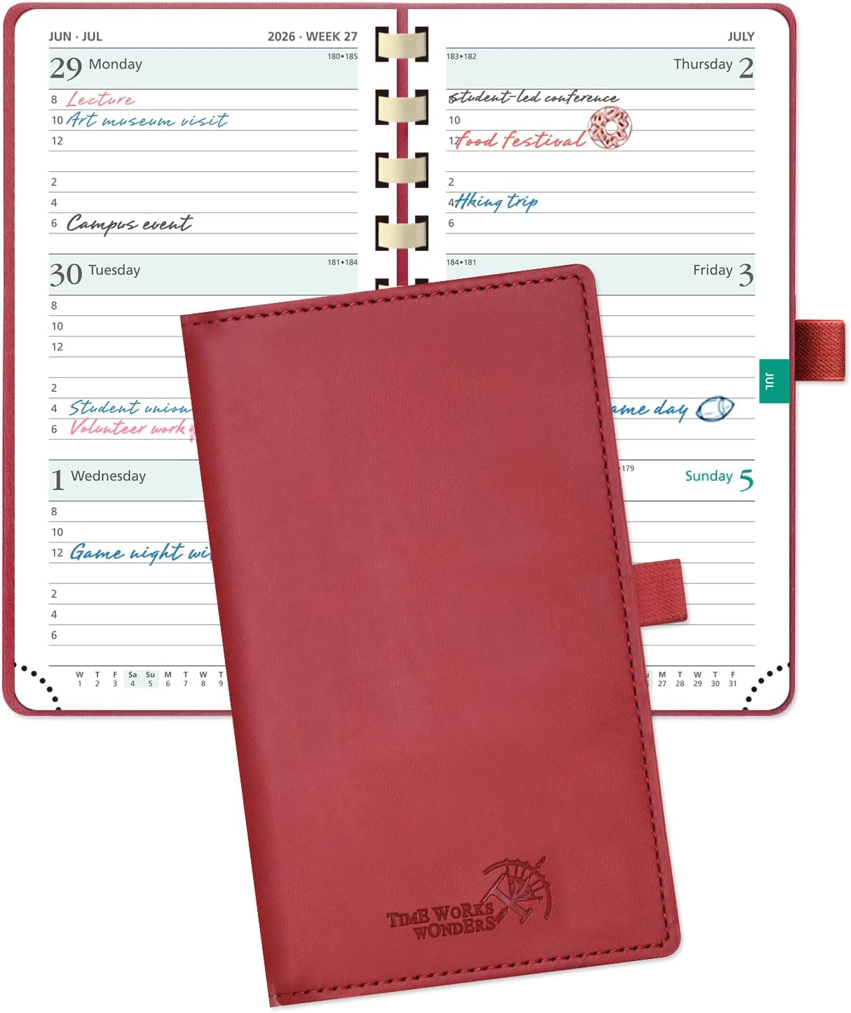 POPRUN 2026 Pocket Planner (Slim Size 3.5" x 6.5") Weekly and Monthly Calendar for Purse, with Hourly Time Slots, 100GSM Thick Paper, Spiral Soft Cover, Pen Holder - Burgundy Red