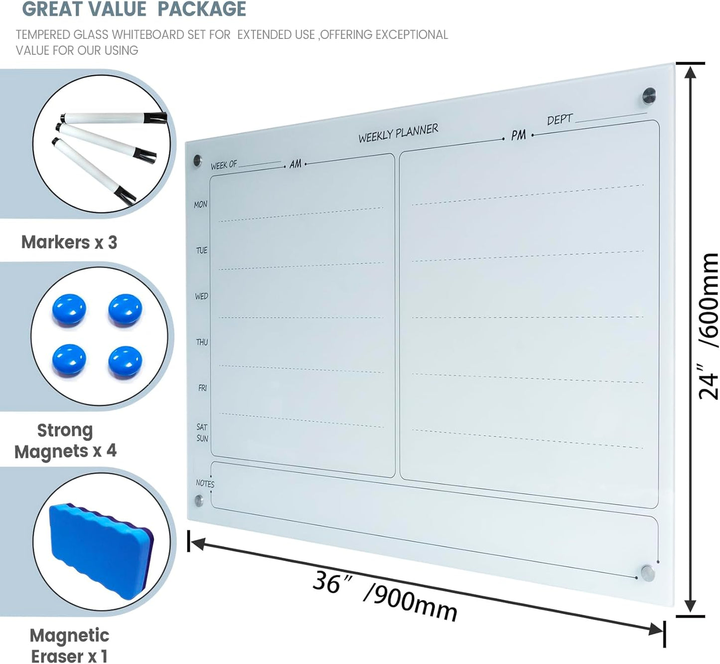 Magnetic Planner Writeboard 24"X36" Weekly Glass Calendar Ultra White Glassboard Premium Tempered Dry Erase Boards Frameless Wall Mounted (Ultra White)