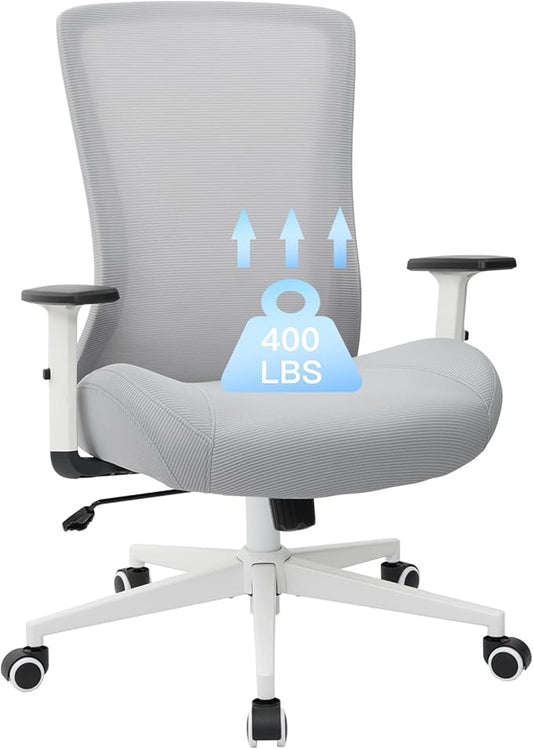 Heavy Duty Big and Tall Office Chair 400lb for Heavy People, Ergonomic Wide Desk Chair White Mesh Office Chair with Lumbar Support, Adjustable Height and Armrests