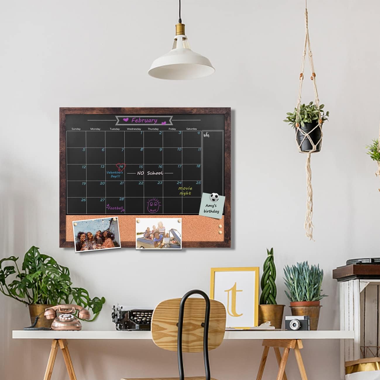 TORASO Magnetic Chalkboard Calendar Corkboard, 17.7" x 21.6" Combination Chalk Board Bulletin Board, Walnut Brown Framed Blackboard Calendar Cork Combo Board(ZHHB-BN-4555)