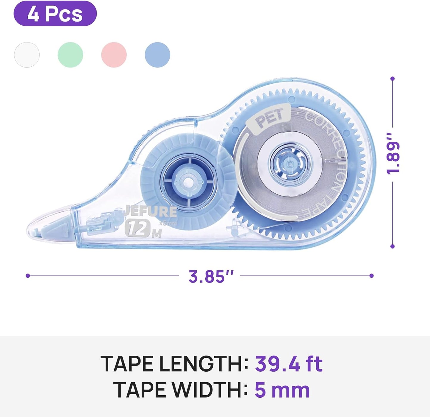 4 Pcs Colorful Core Correction Tape, 39.37 Ft White Wrong Out Tear-Resistant Bulk, Instant Corrections Easy to Use Applicator for School, Office, Note Taking, Journal (Tape Width 0.2 in)