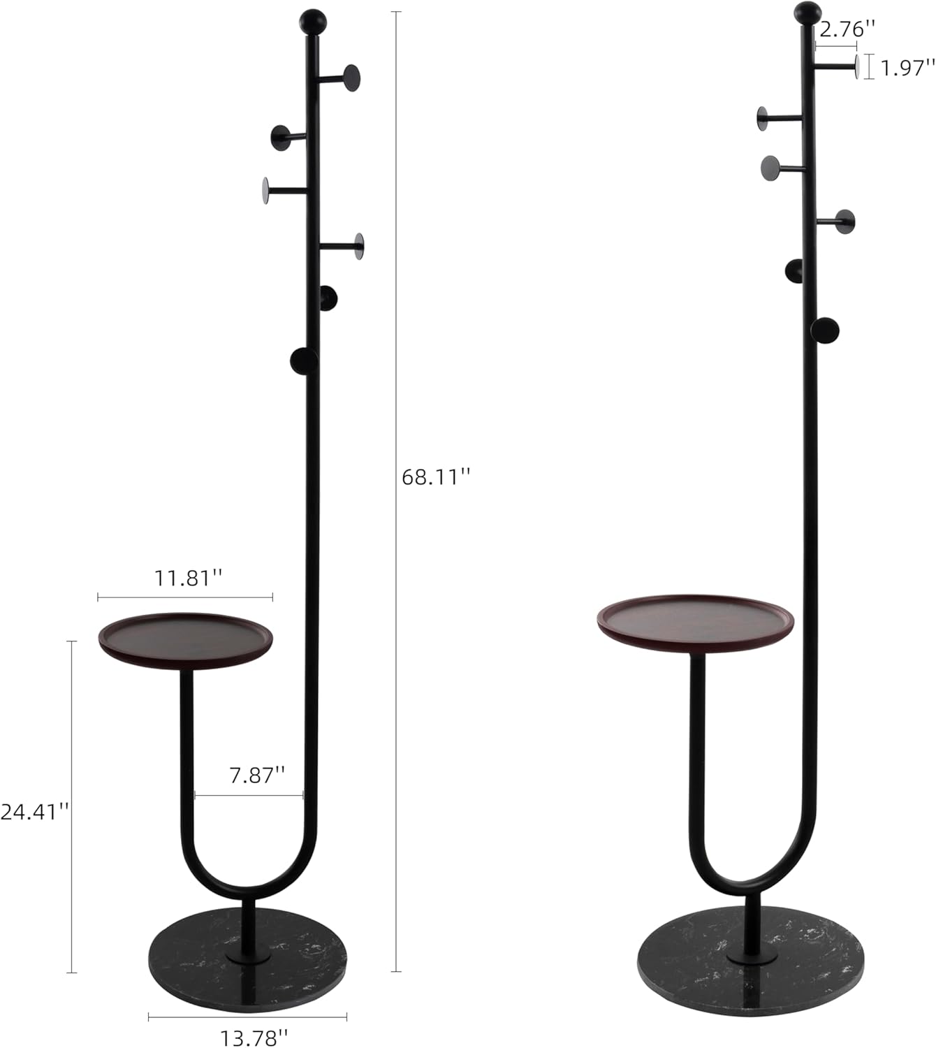 Coat Rack Stand, Metal Coat Tree with Bamboo Tray & 6 Hooks, Heavy Duty Marble Base Corner Coat Stand for Bedroom Hallway Entryway Living Room Office 13.78 x 13.78 x 68.11 Inches (Black)