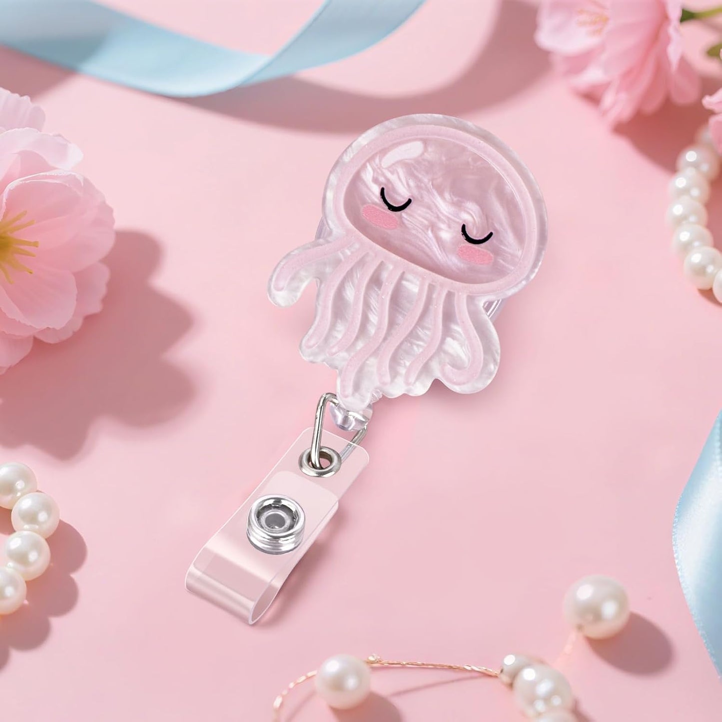 Pink Jellyfish Badge Reel, Cute Badge Holder, Funny Nurse Name Reel with Retractable Clip, Medical Worker ID Card Holders, Pediatric Nursing Accessories for Nurse Doctor Student Teacher Office