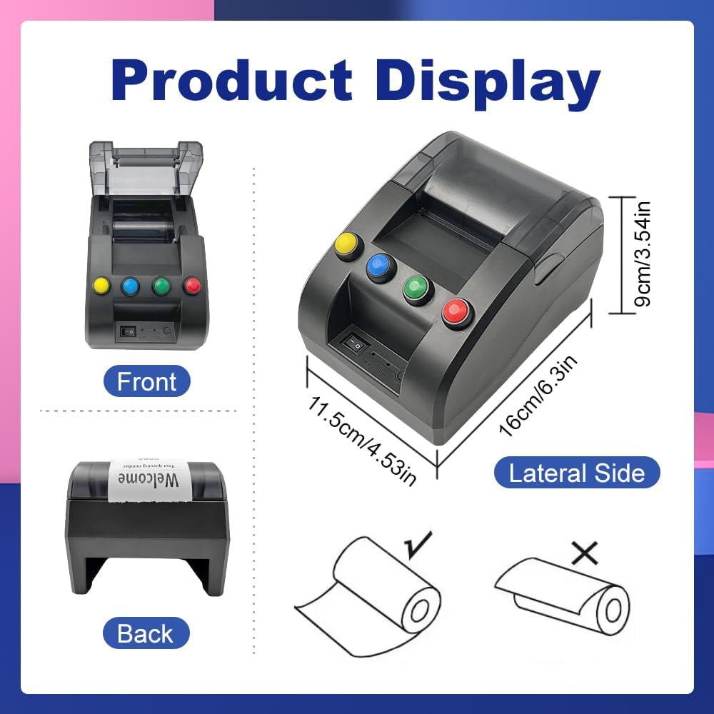 Take a Number Printer Ticket Thermal Printer Ticket Machine with 57mm Receipt Ticket Roll Show Different Department Name and Queue Number for Wireless Calling System for Haunted House(TP-4 Way)