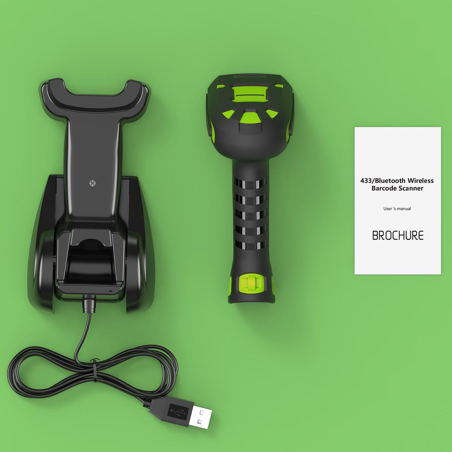 Alacrity Industrial Barcode Scanner, 1D/2D Symbologies, Wireless Charging, Long-Distance 433MHz Wireless & Bluetooth Connectivity, Shock and Dust-Proof Barcode Reader, Green