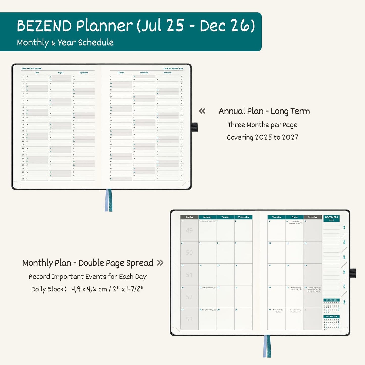 BEZEND Weekly Planner 2025-2026 with 2 Columns, 8.5" x 11" Academic Calendar 18 Months (Jul 25-Dec 26) Life Work Appointment Book with Monthly Tab, PU Leather Hardcover - Black
