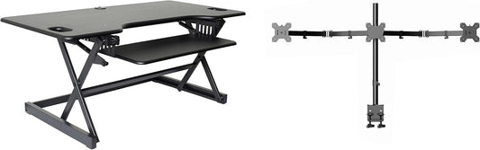 Rocelco 46" Large Height Adjustable Standing Desk Converter with Triple Monitor Mount BUNDLE - Quick Sit Stand Up Computer Workstation Riser - Retractable Keyboard Tray - Black (R DADRB-46-DM3)
