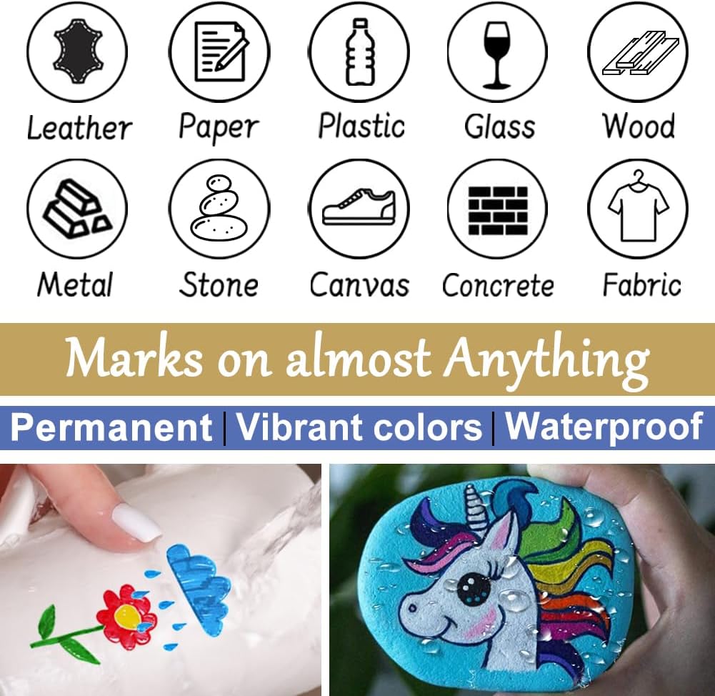 Overseas 36 Colors Paint Marker Pens - Permanent Oil Based Paint Markers, Medium Tip, Quick Drying, Waterproof Assorted Colors Marker Pen for Metal, Wood, Plastic, Rock, Stone, Rubber, Canvas, Glass