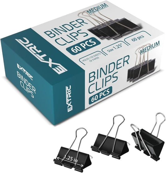 Binder Clips - 60 Medium Binder Clips, 1.25 Inch Black Paper Clamps, File Clip for Home, Office and School Supplies