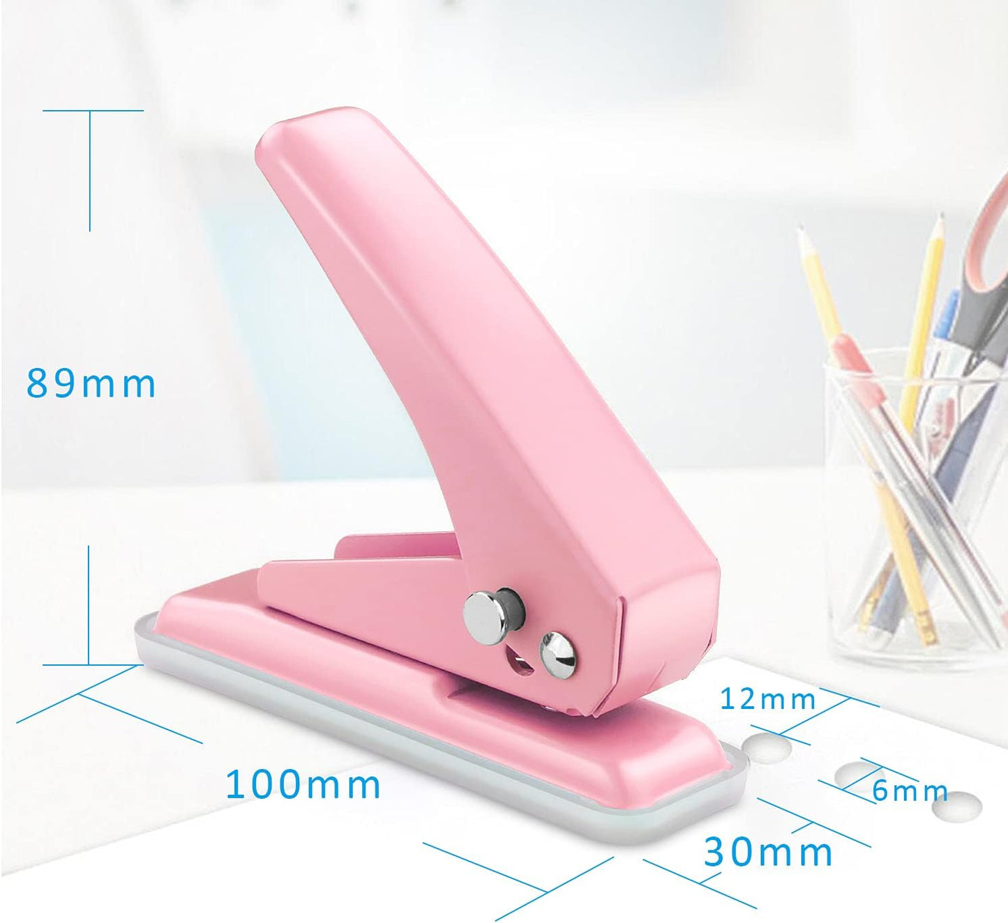 Single Hole Puncher Handheld 1/4 Inches Hole Punch, 20 Sheet Paper Punch Capacity Metal Hole Puncher with Skid-Resistant Base for Paper, Chipboard, Art Project, Pink