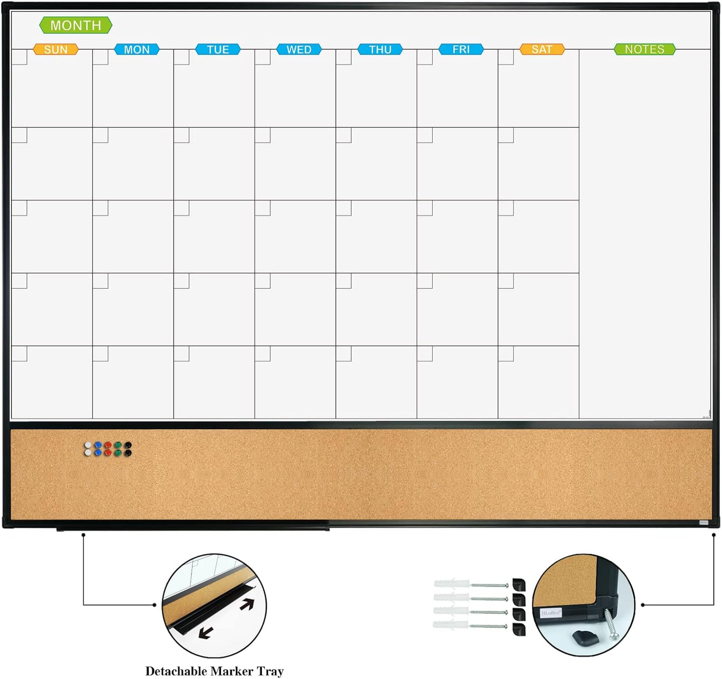 JILoffice Magnetic Calendar Whiteboard & Bulletin Corkboard Combination, Combo Board 48 x 36 Inch, Black Aluminum Frame Wall Mounted Board for Office Home and School with 10 Push Pins