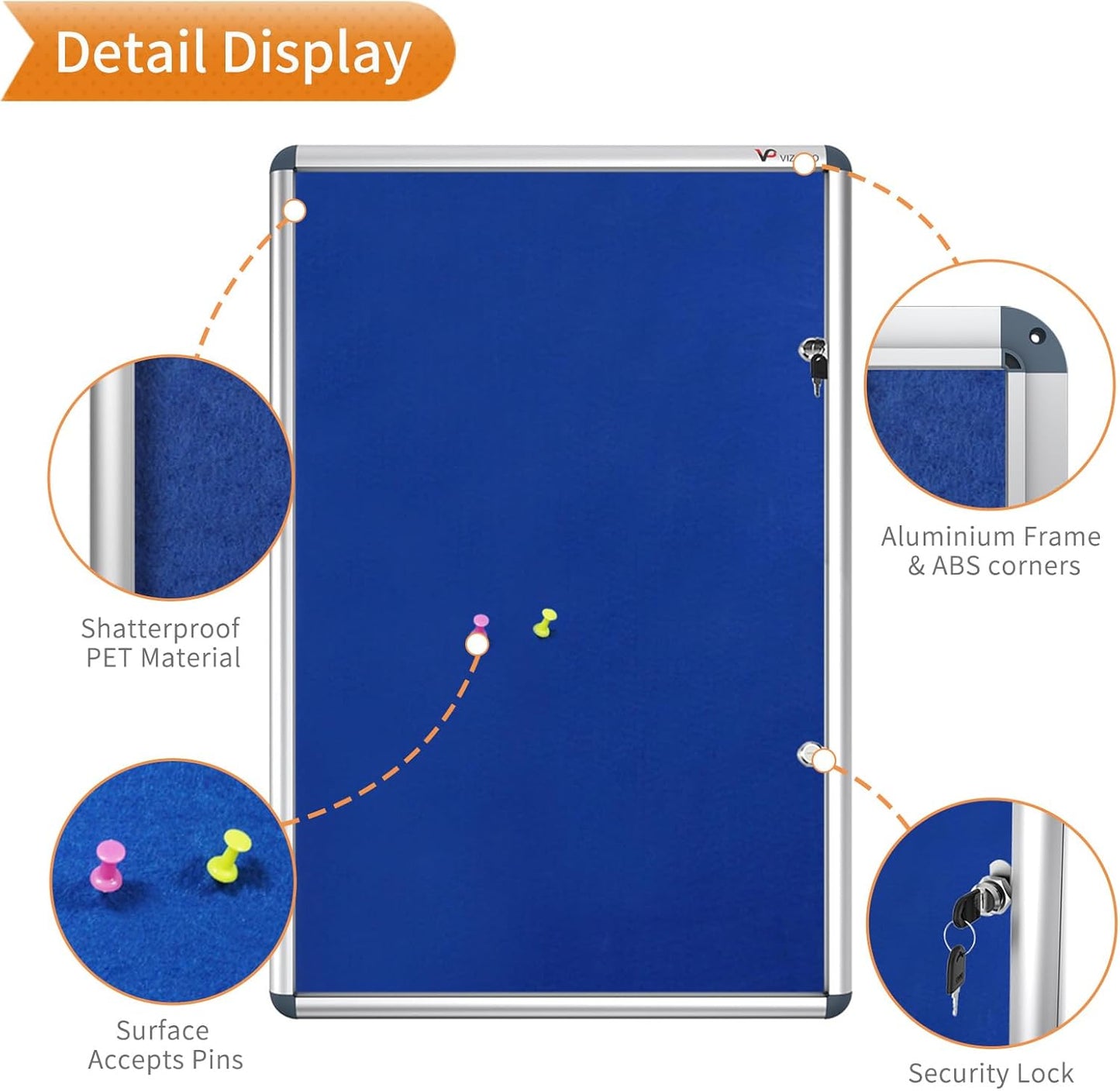 VIZ-PRO Tamperproof Lockable Noticeboard Class 1 Aluminium Framed 48x36 Inches