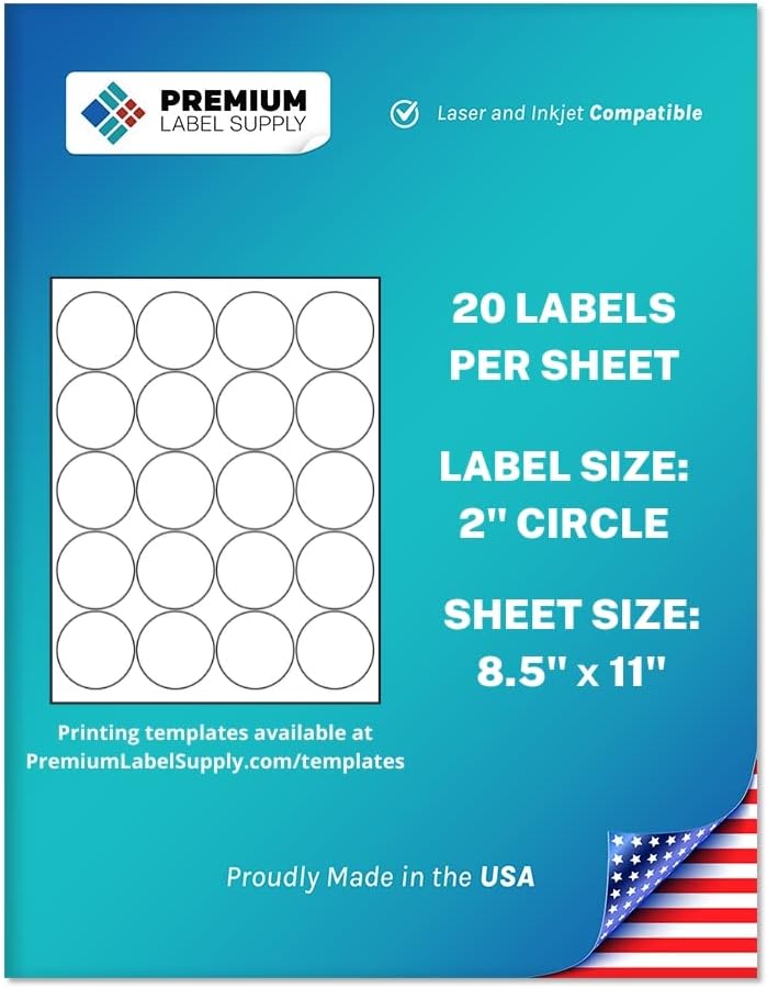 Premium Label Supply White Sticker Round Labels – 2" Circle – Laser/Inkjet Compatible – (20 per Sheet), 1000 Sheets – 20,000 Total Adhesive Labels