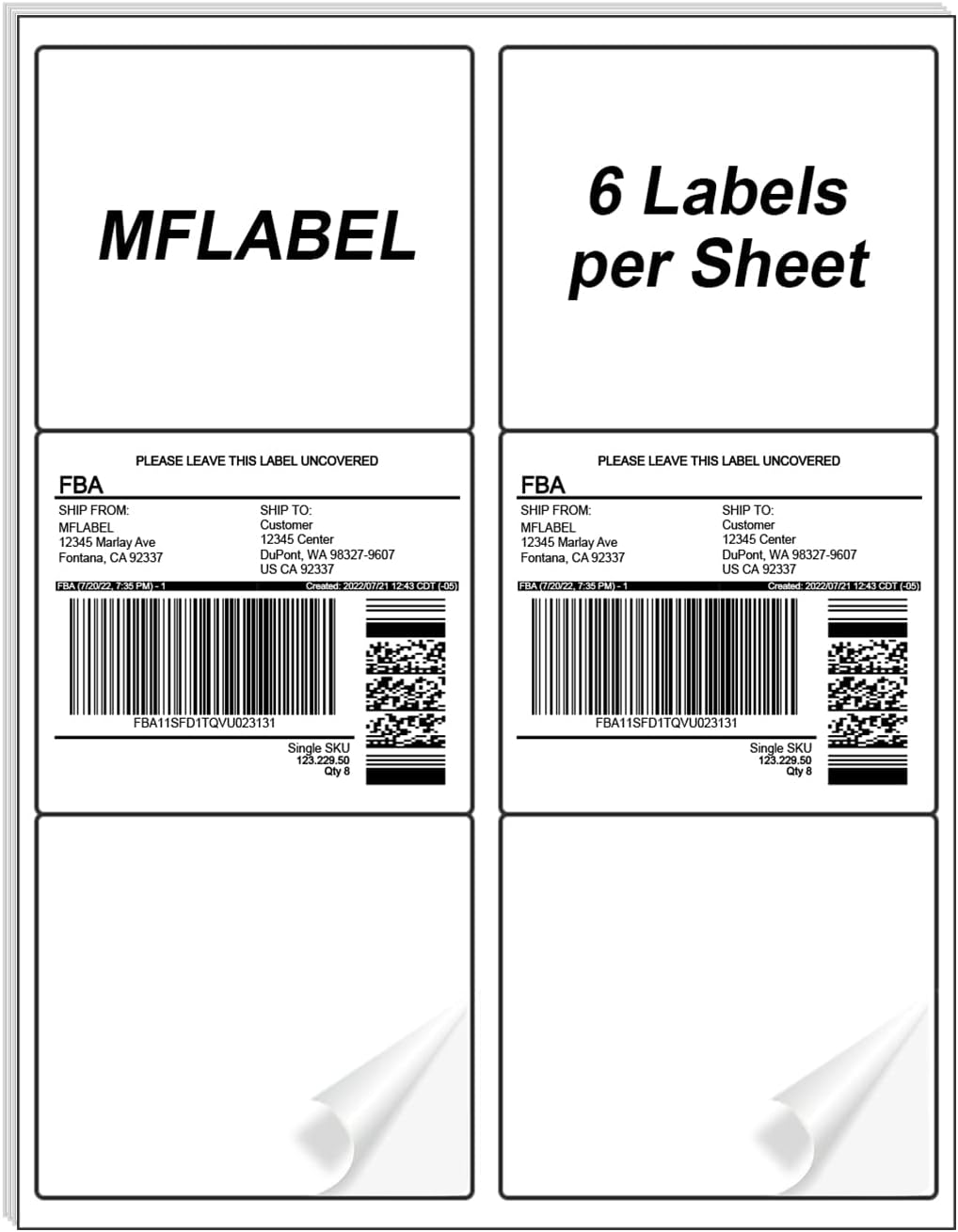 MFLABEL 3-1/3" x 4" Shipping Address Sticker, FBA Labels, 6-UP Sticker Label, White Shipping Label, Easy to Peel, Address Paper for Laser/Ink Jet Printer, 6 Per Page (1800 Labels, 300 Sheets)