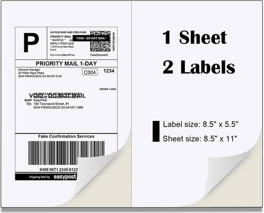 Half Sheet Laser/Ink Jet Shipping Labels UPS FedEx Address Labels (2000 Sheets, 4000 Labels)