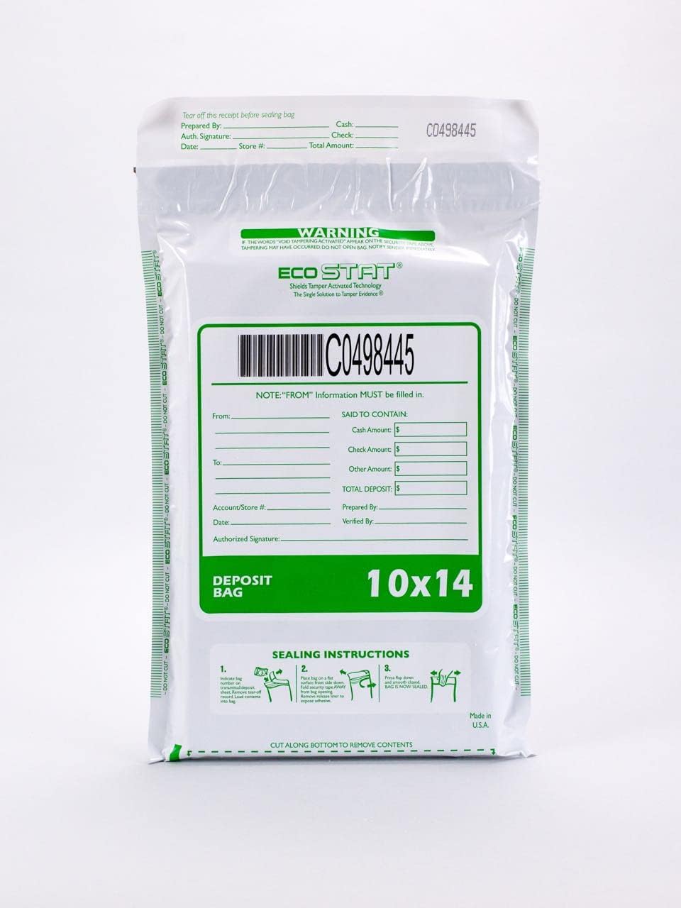 100 Cashier Depot Tamper Evident Deposit Bags, 10" x 14" White, Serialized Numbering, Barcode, Press & Seal Void Closure Tape (100 Bags)