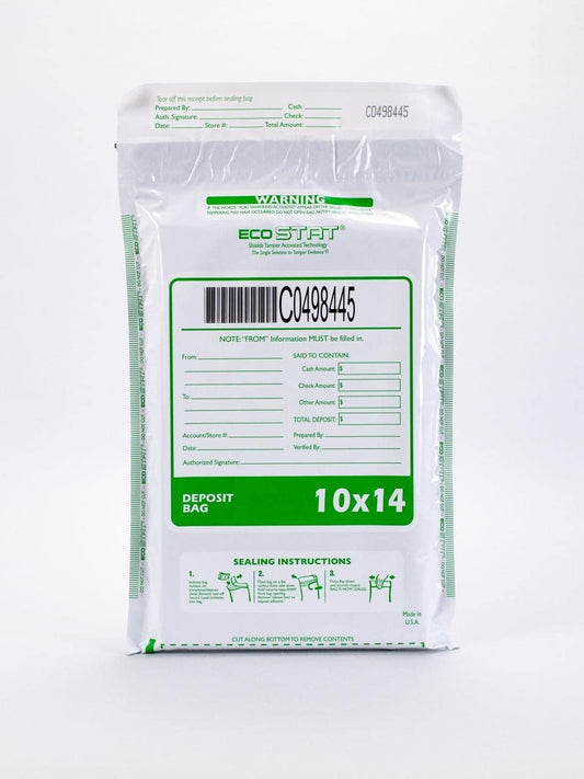 100 Cashier Depot Tamper Evident Deposit Bags, 10" x 14" White, Serialized Numbering, Barcode, Press & Seal Void Closure Tape (100 Bags)